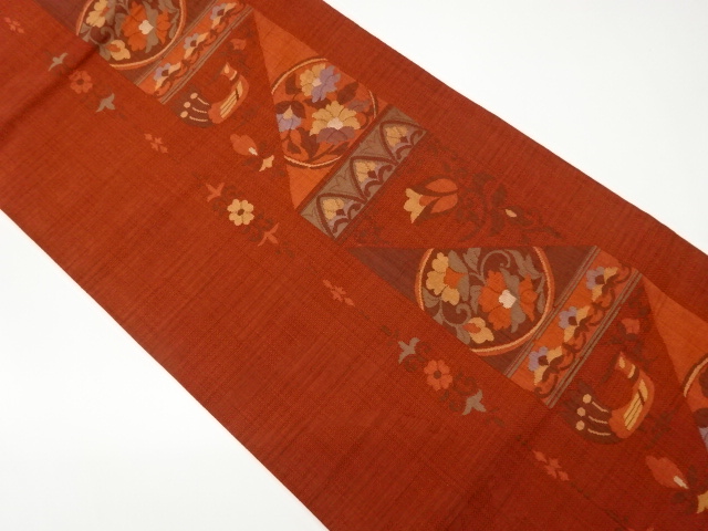 Nagoya obi woven with stripes and abstract flower-and-bird pattern